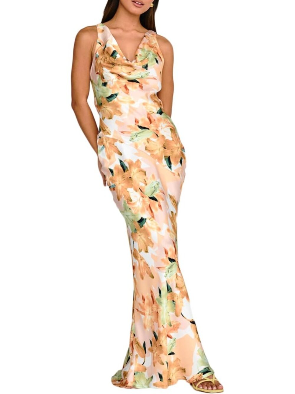 Women's Orangish Floral Cowl Neck Summer Backless Sleeveless Elegant Maxi Dress